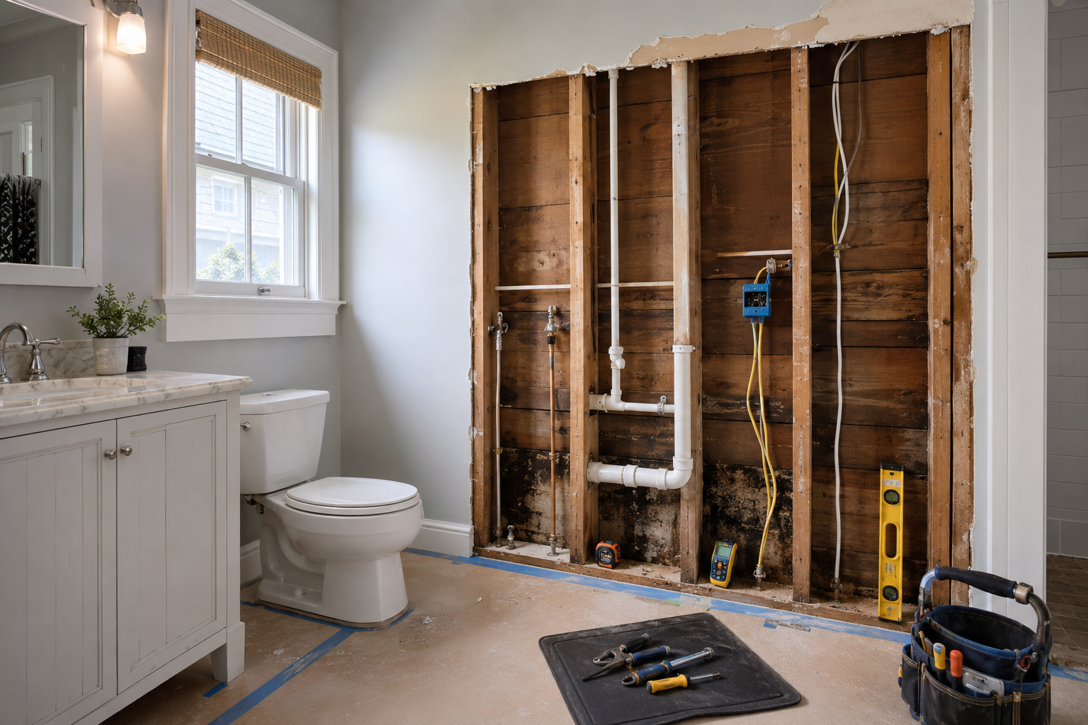 Open bathroom wall inspected for water damage during a Cape Cod remodel
