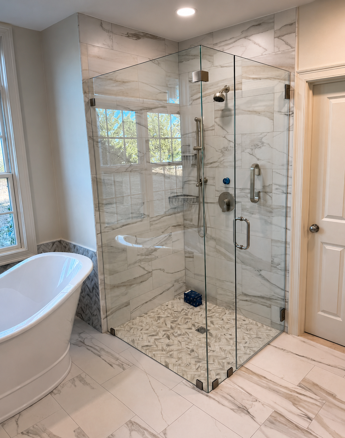 Bathroom remodel in a 1955 Cape Cod home with glass shower and freestanding tub