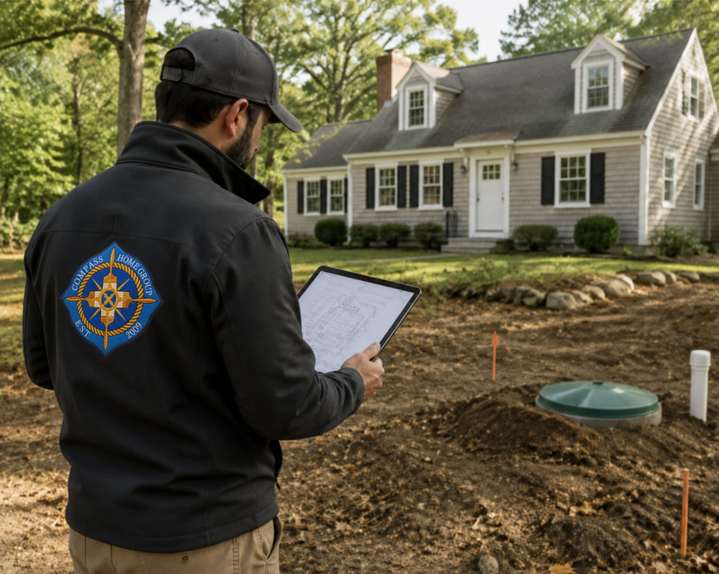 Contractor reviewing septic and home site plans in Cape Cod