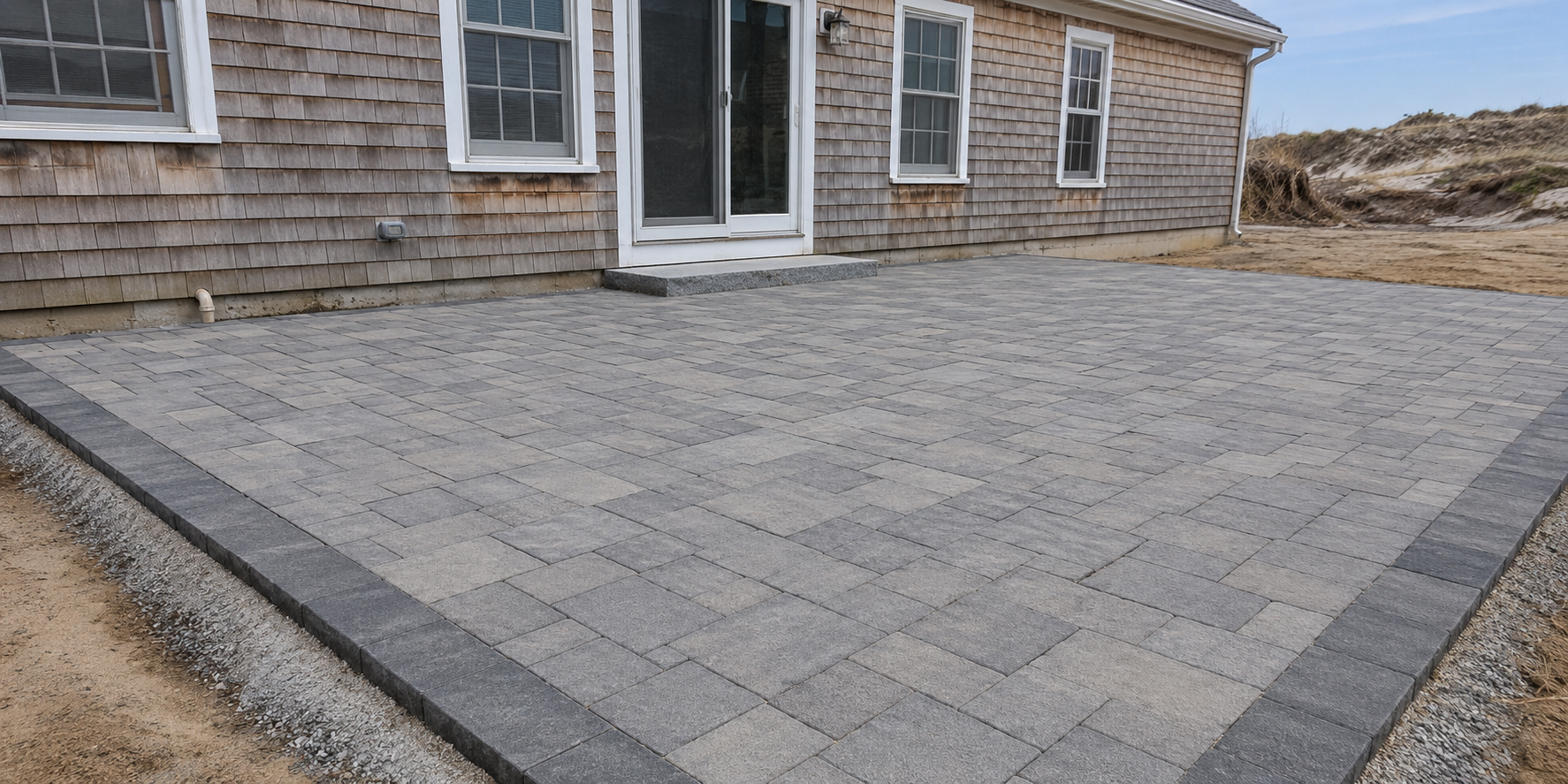 Paver patio installation beside a Cape Cod home in Massachusetts