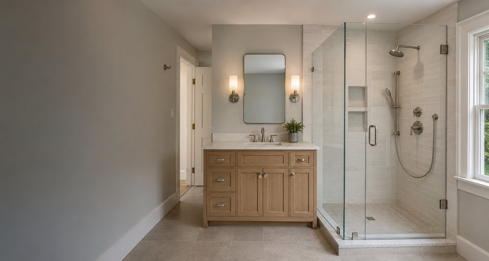 Completed bathroom remodel with a walk in shower and new vanity in a Cape Cod home