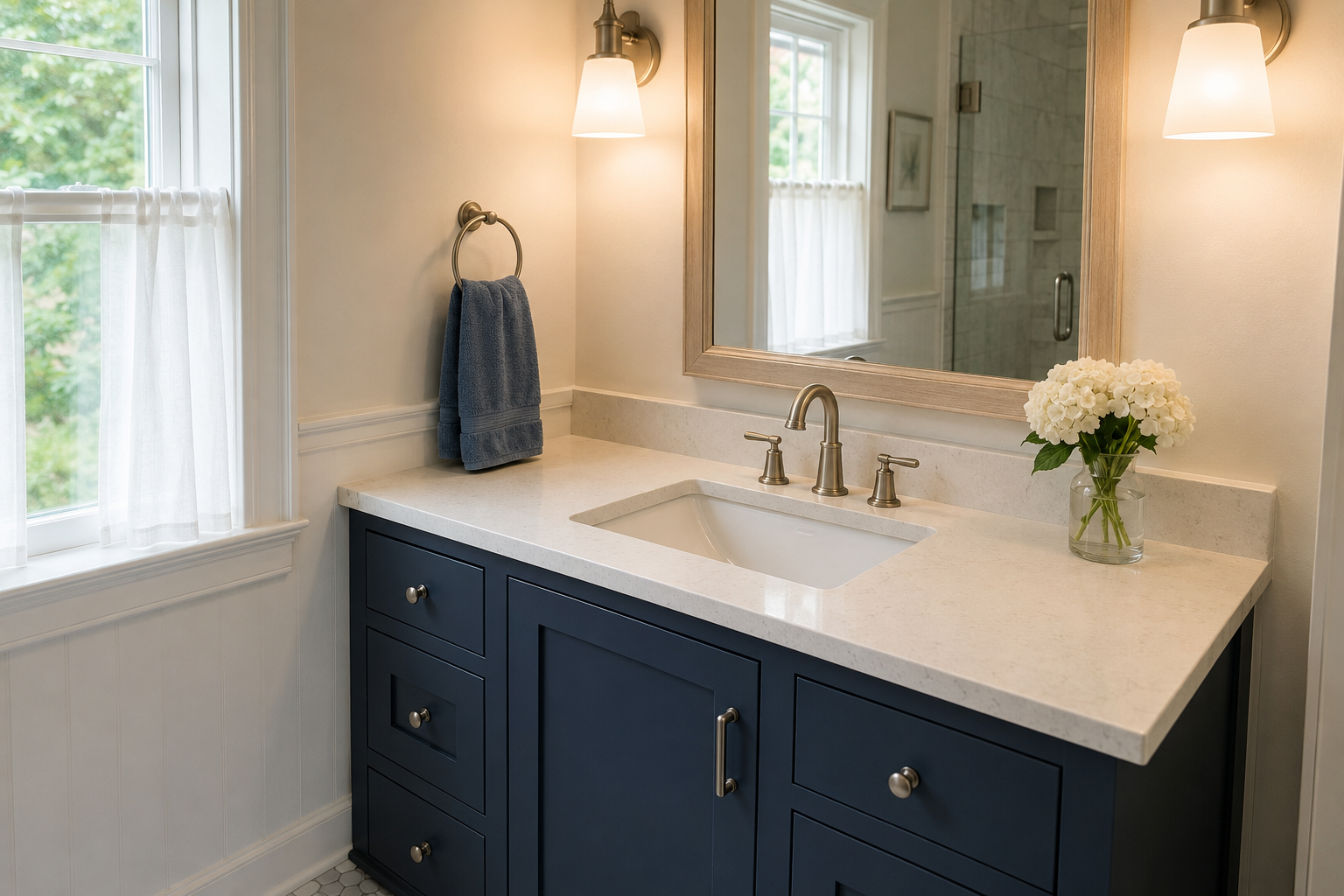 New bathroom vanity with countertop and sink installed in a Cape Cod home