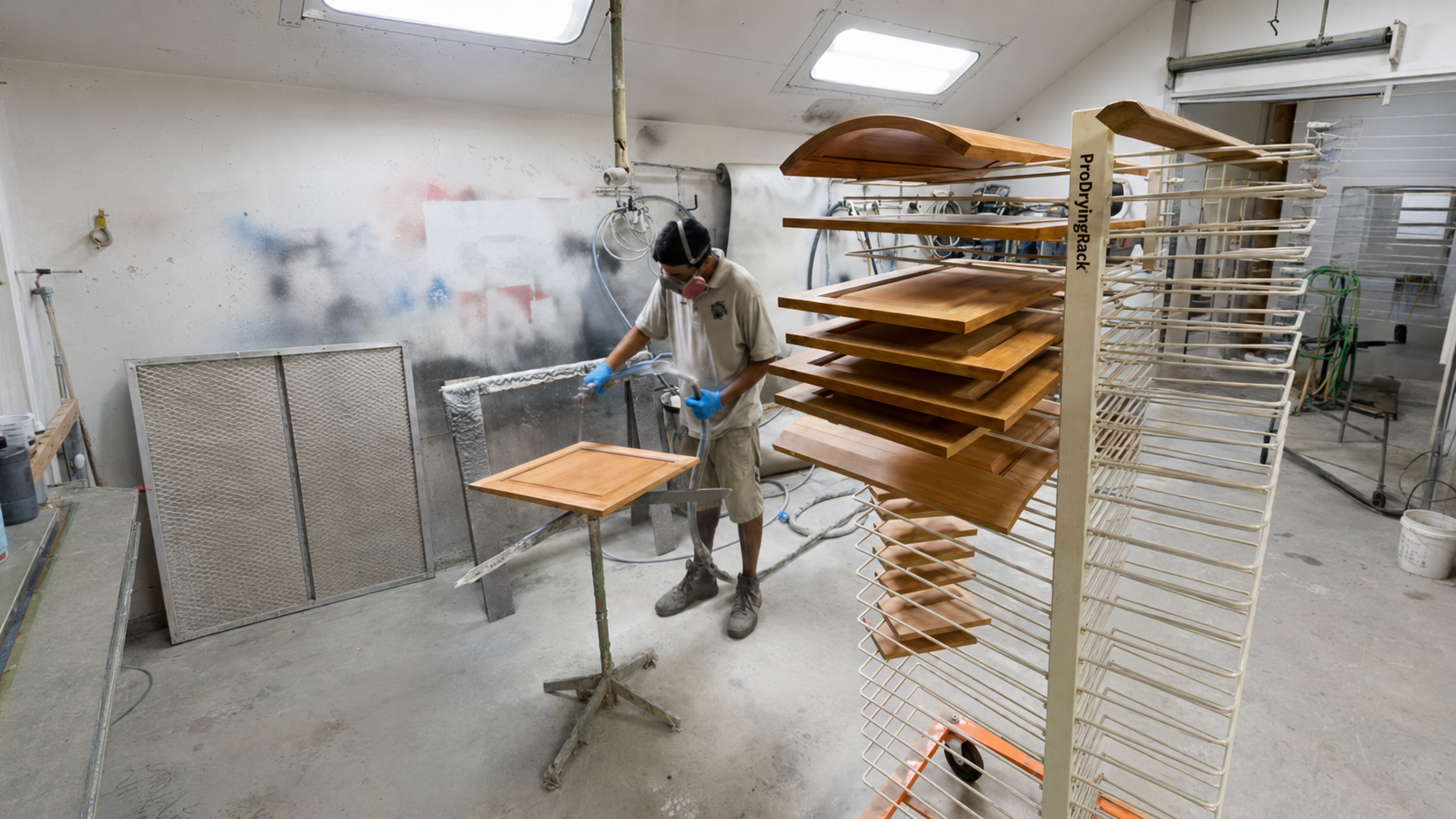 Cabinet doors and millwork being finished at the Compass Home Group shop in Hyannis