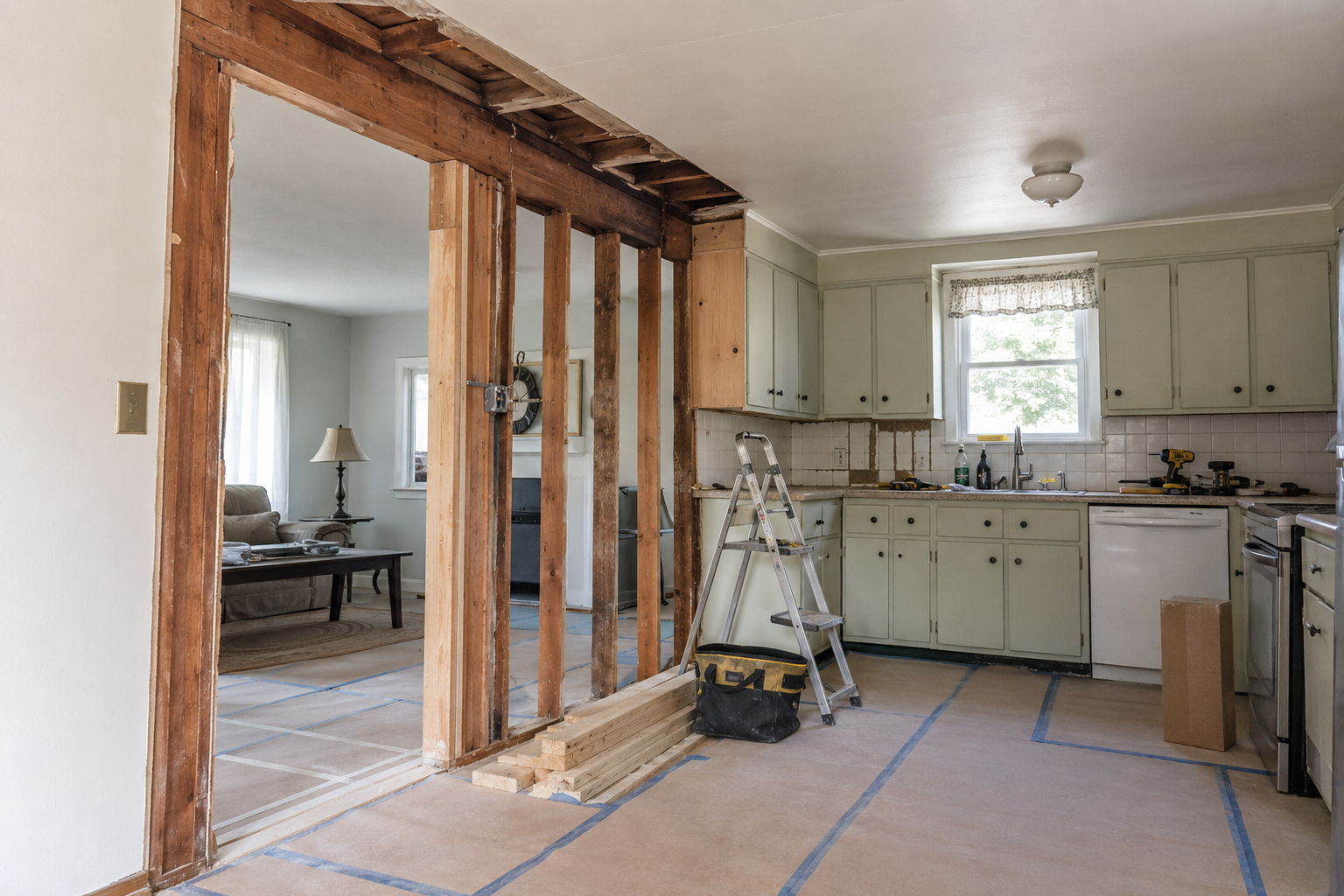 Exposed wall framing during a structural kitchen remodeling assessment in a Cape Cod home