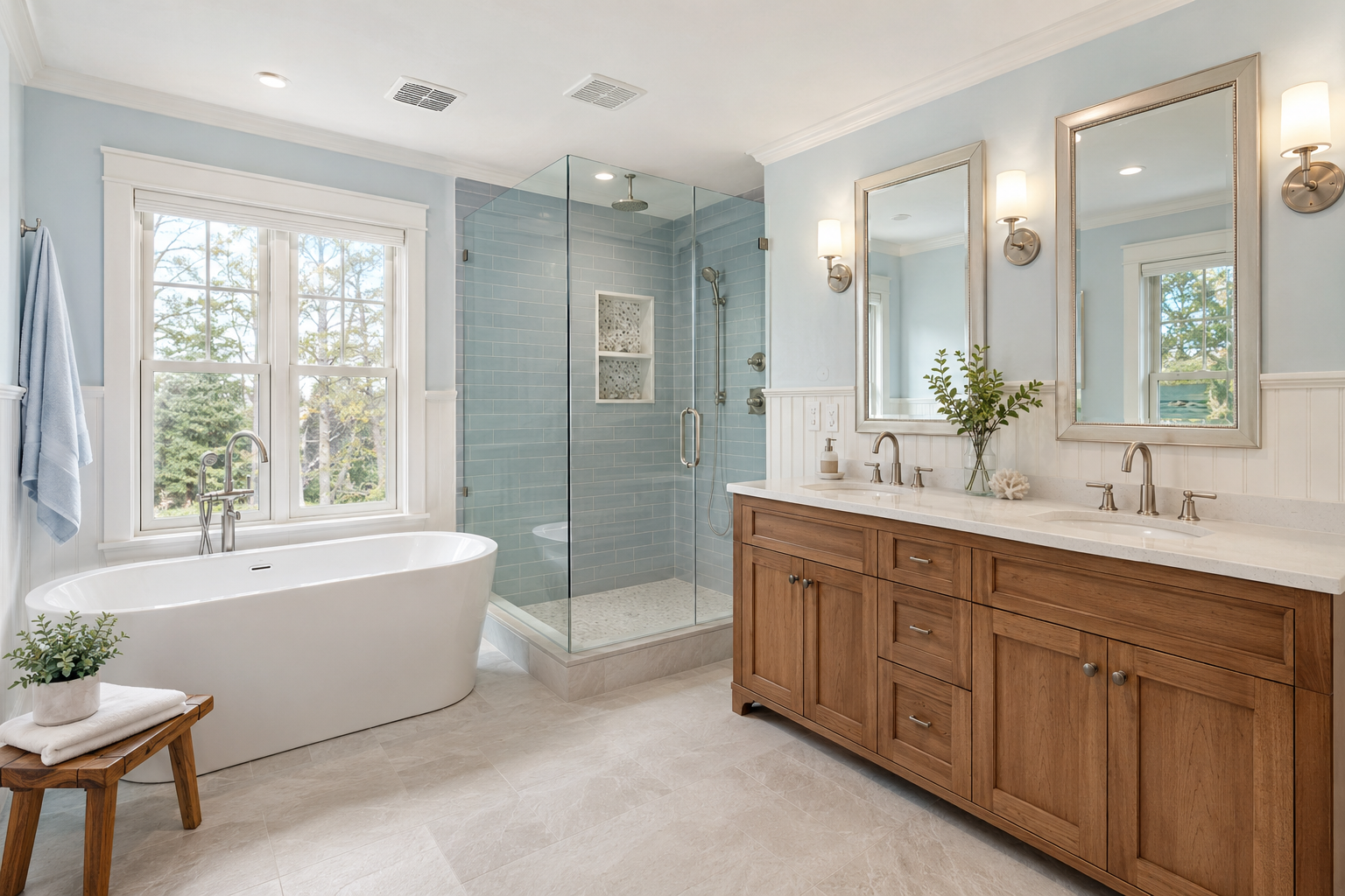 Primary bathroom remodel with soaking tub and glass shower in Cape Cod