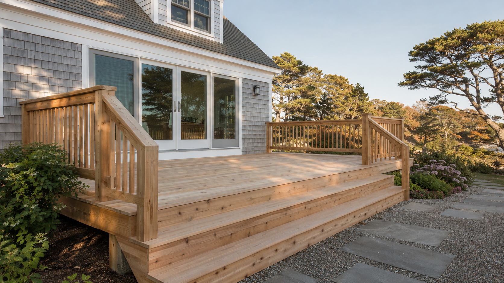 Natural cedar deck installed at a Cape Cod home