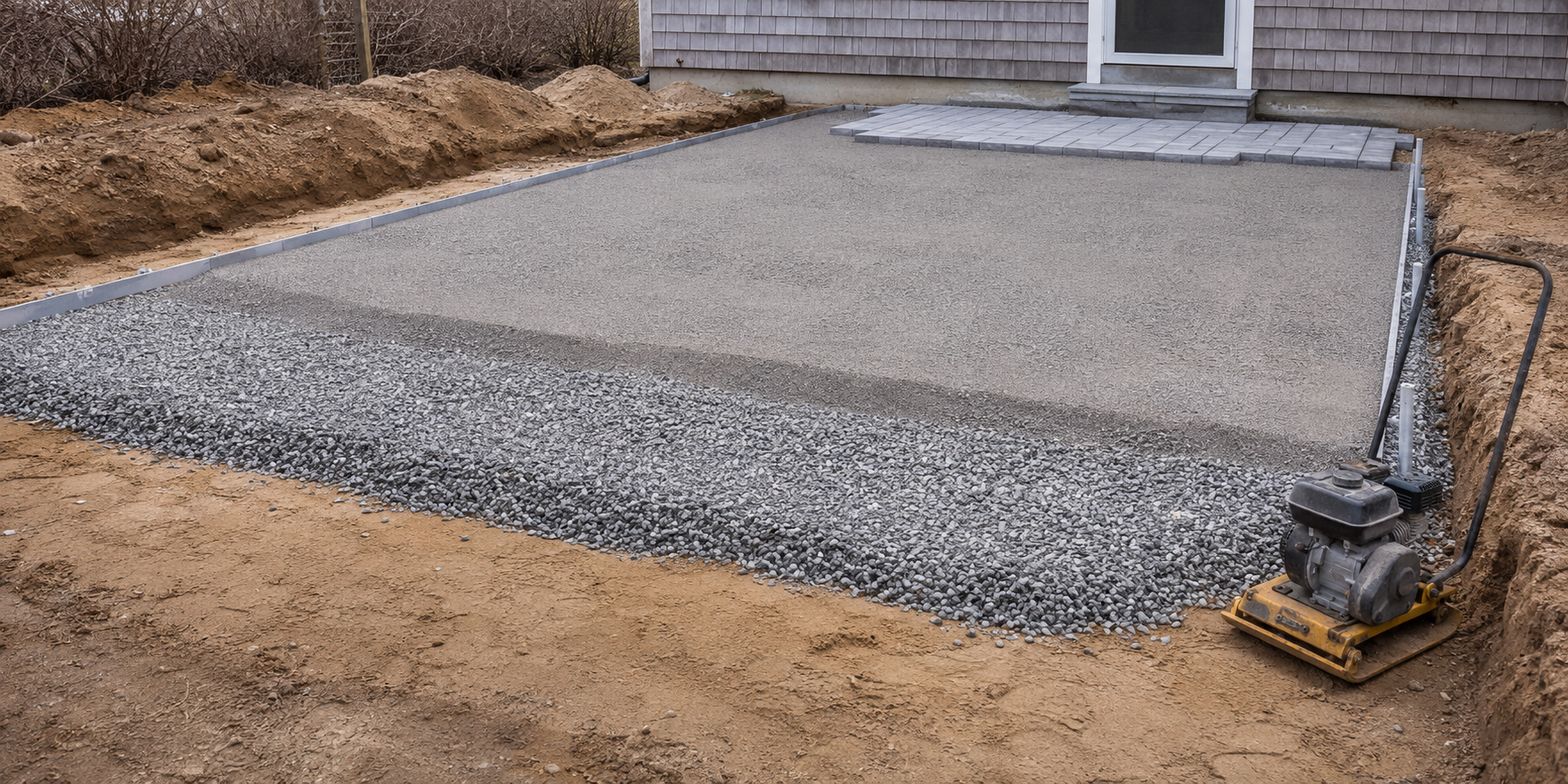 Compacted aggregate base prepared for a hardscape project in Cape Cod, MA