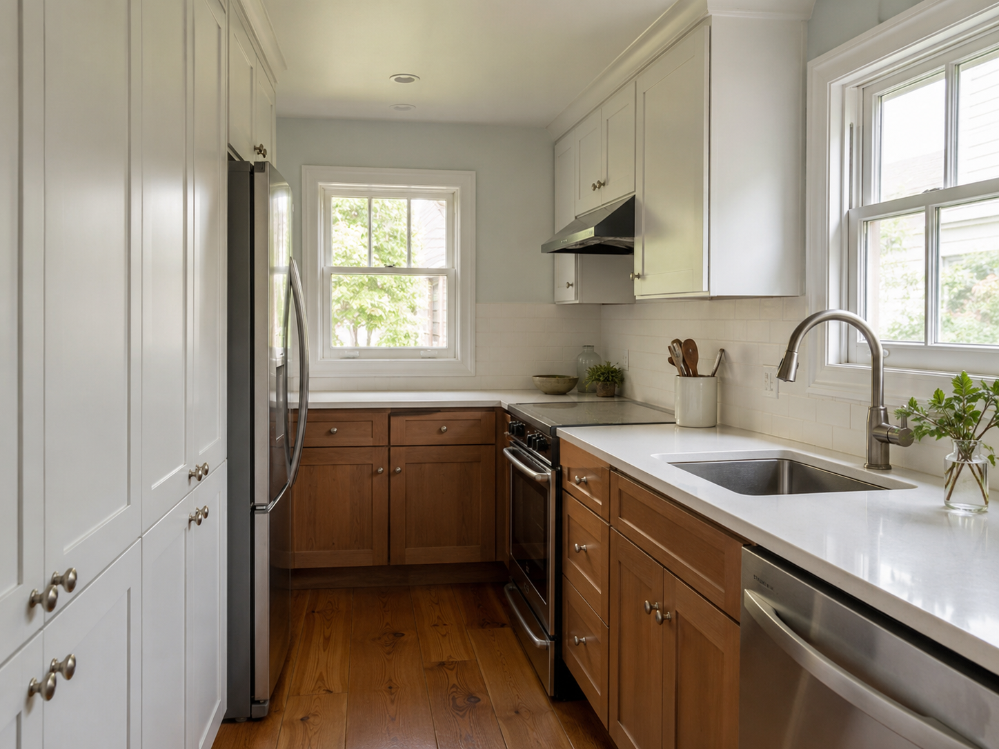 Compact Cape Cod kitchen with wood cabinets