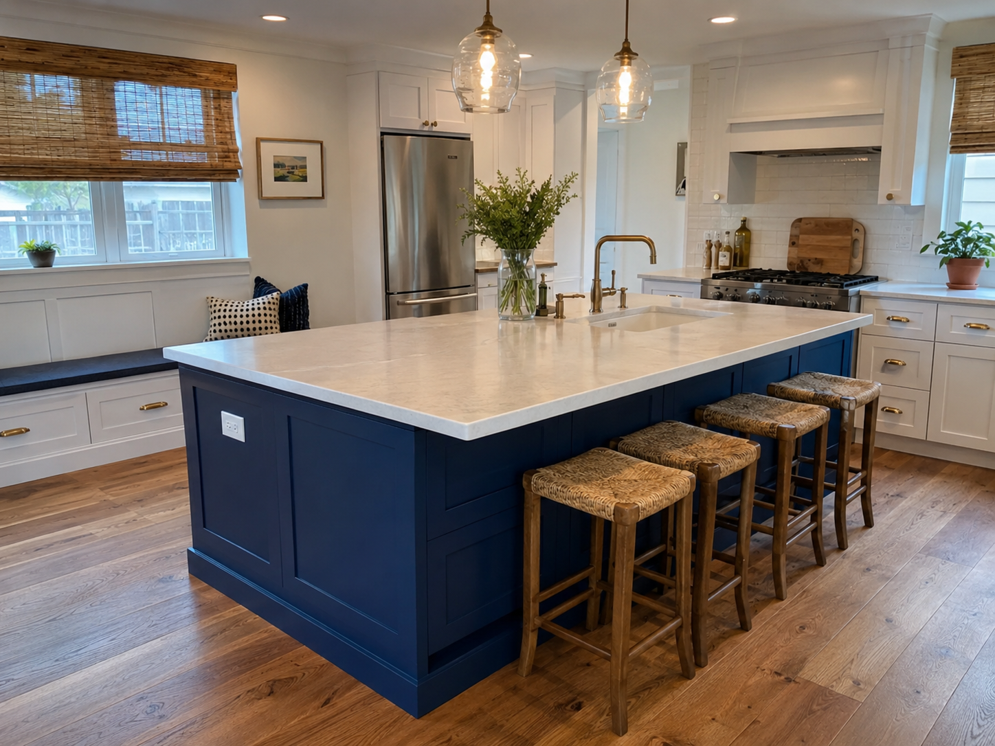 White Cape Cod kitchen with a custom blue island