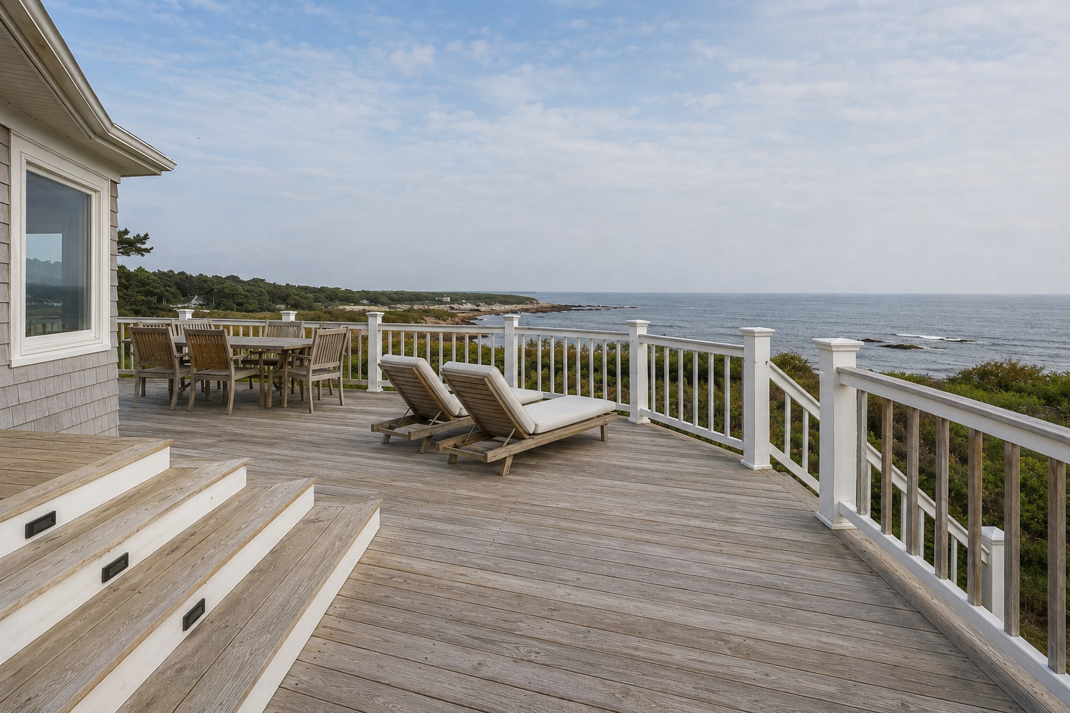 Covered porch and deck with cedar shingle exterior built in Cape Cod