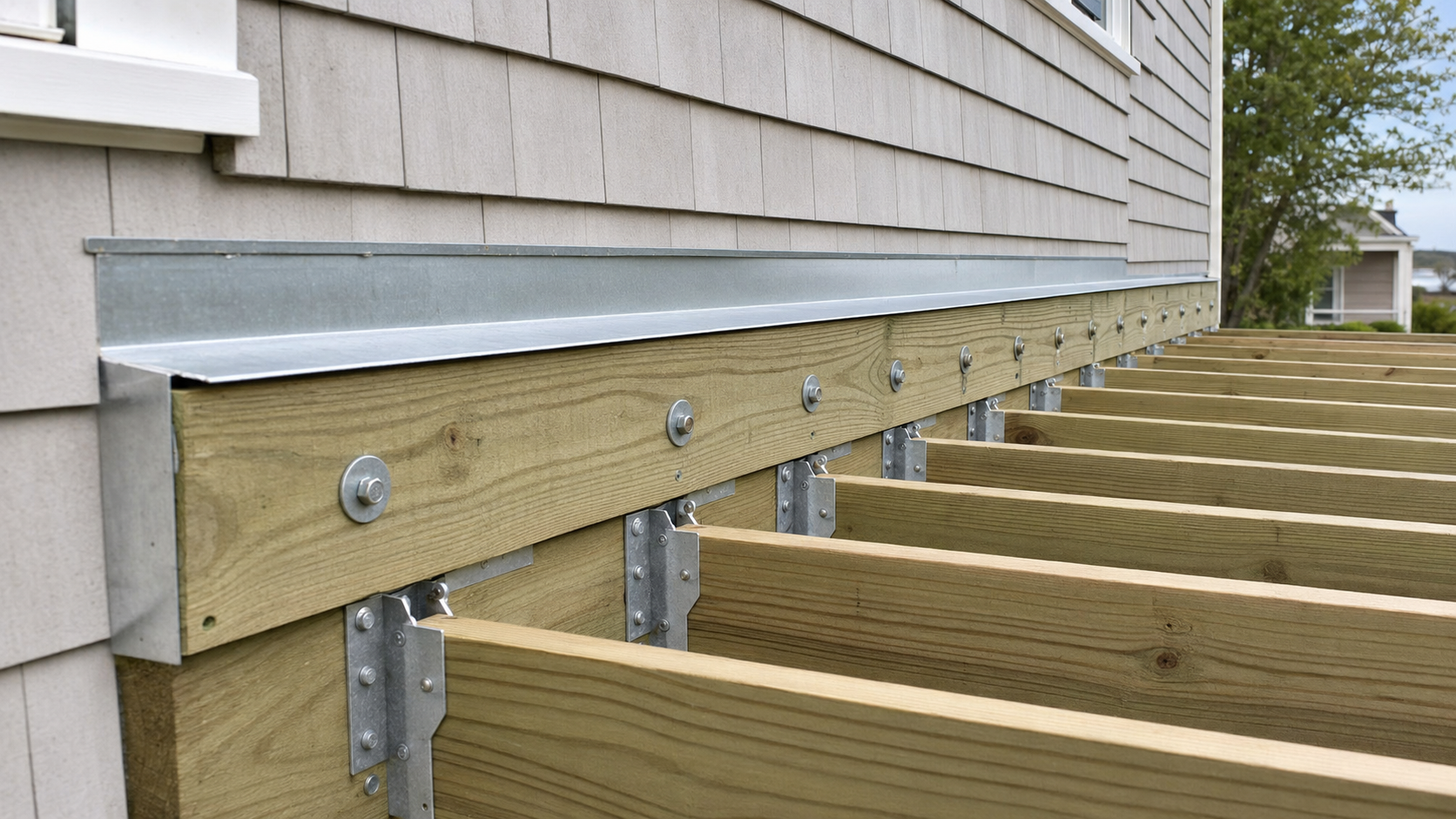 Deck ledger flashing and structural fasteners on a Cape Cod home