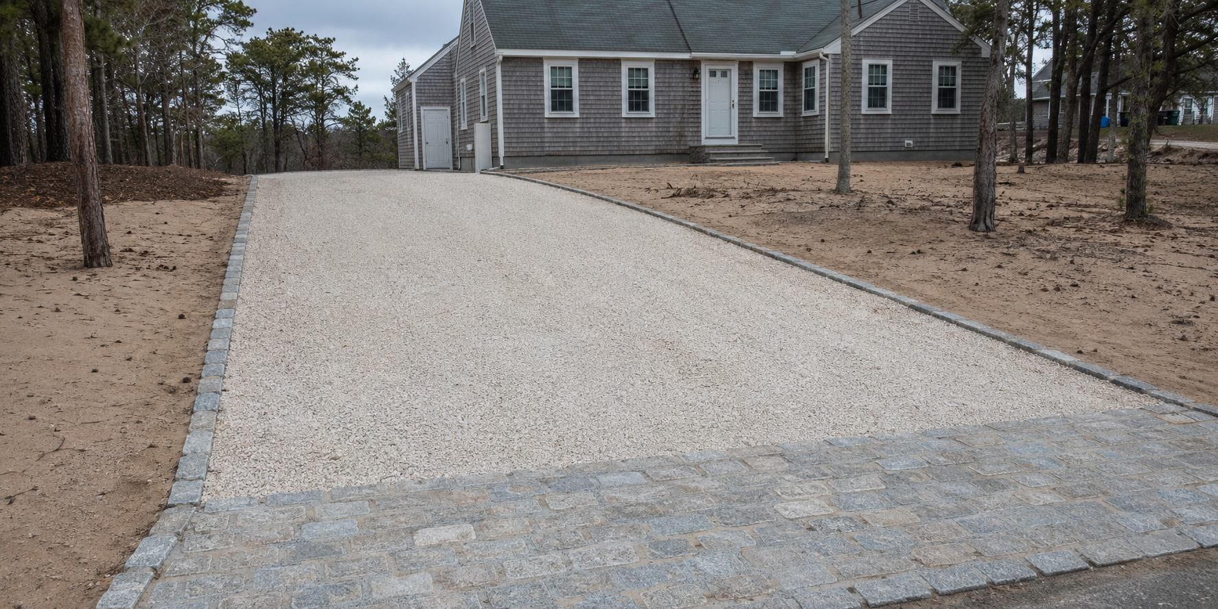 Crushed shell driveway with cobblestone border installed in Cape Cod, MA