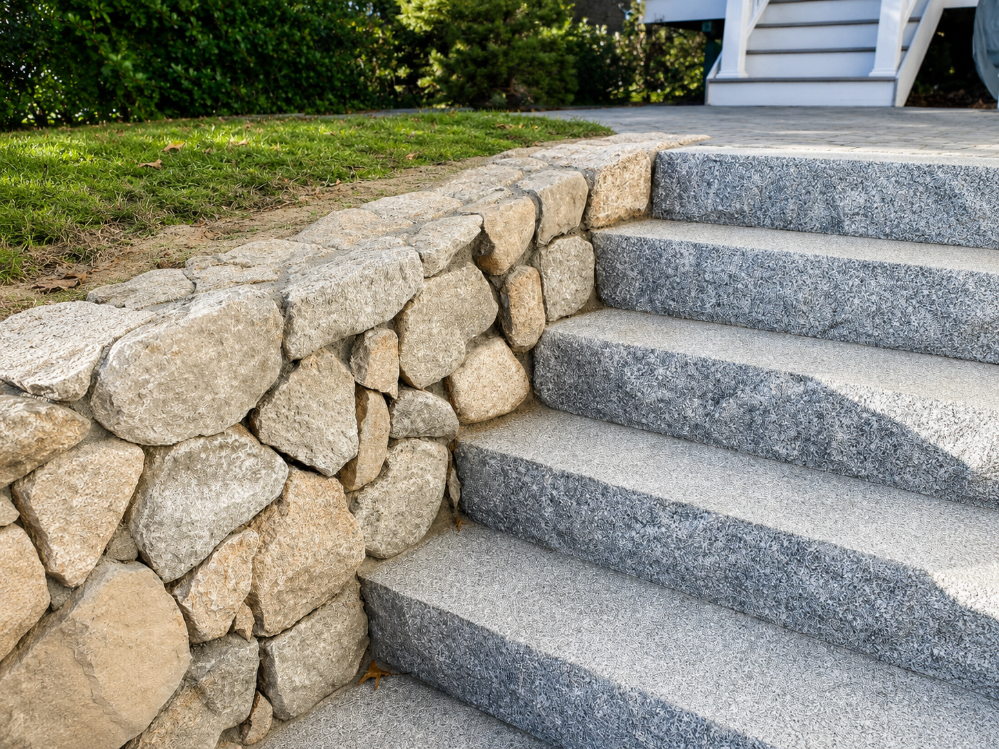 Granite steps and natural stone retaining wall built in Cape Cod