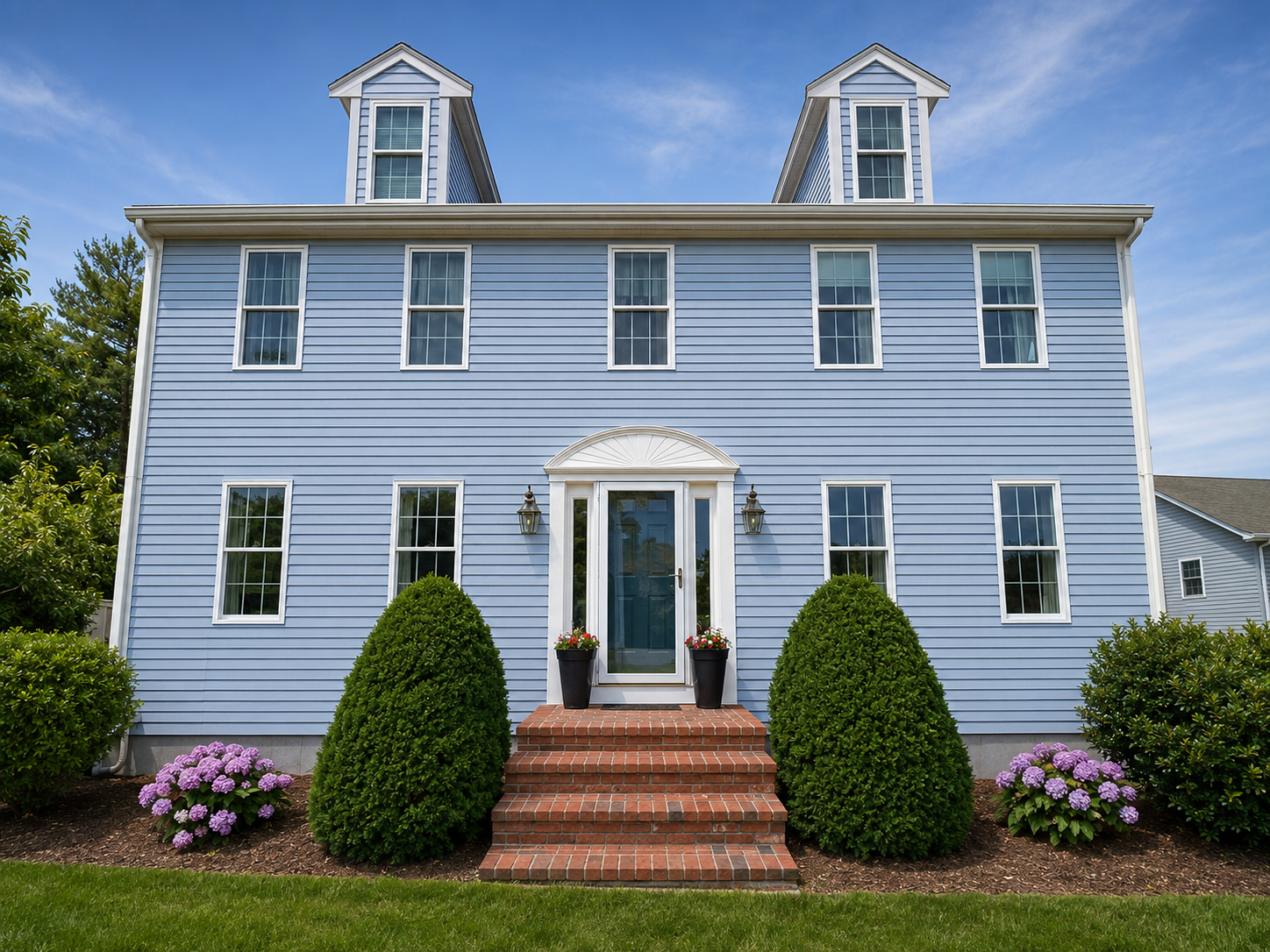 Blue Cape Cod home with completed siding and white exterior trim