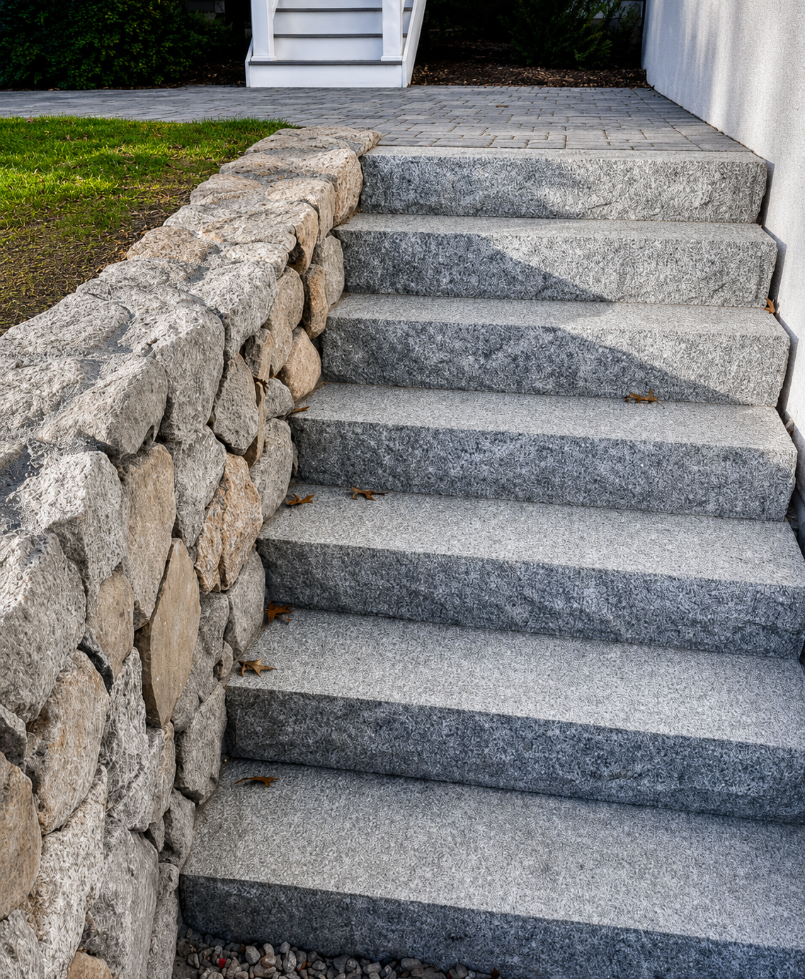 Stone steps and retaining wall built by a masonry contractor on Cape Cod