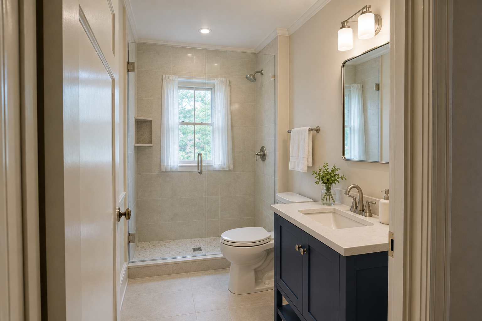 Half bath converted into a full bathroom in a 1955 Cape Cod home by Compass Home Group