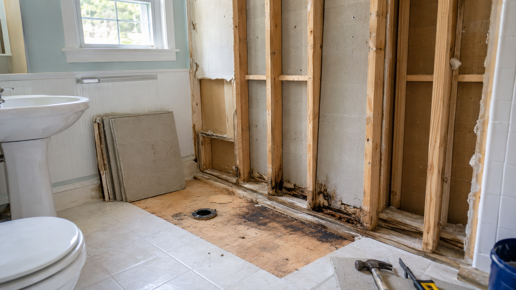 Hidden water damage and rotted framing uncovered during a Cape Cod bathroom remodel