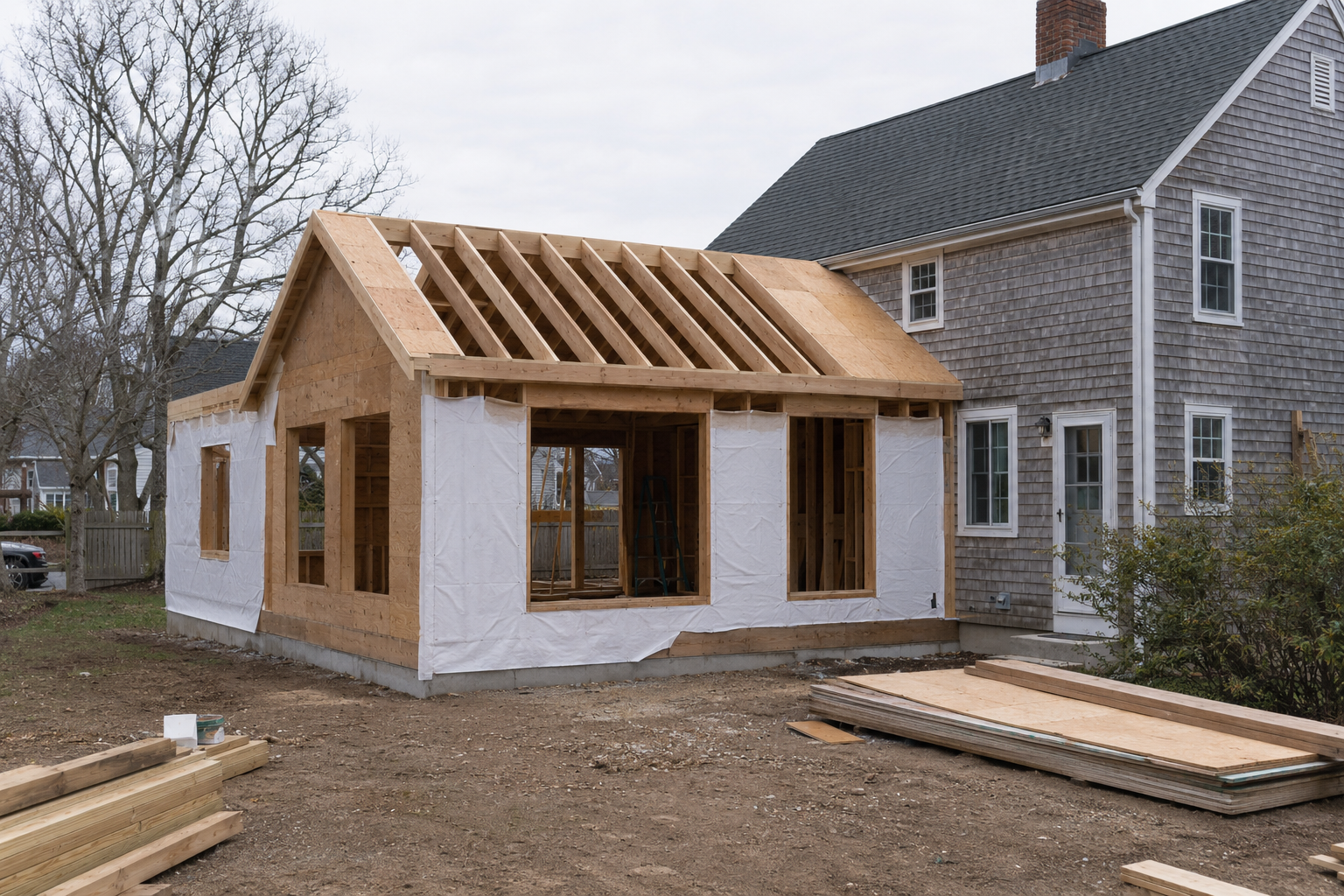 Kitchen cabinetry installation during a Cape Cod home addition and interior renovation