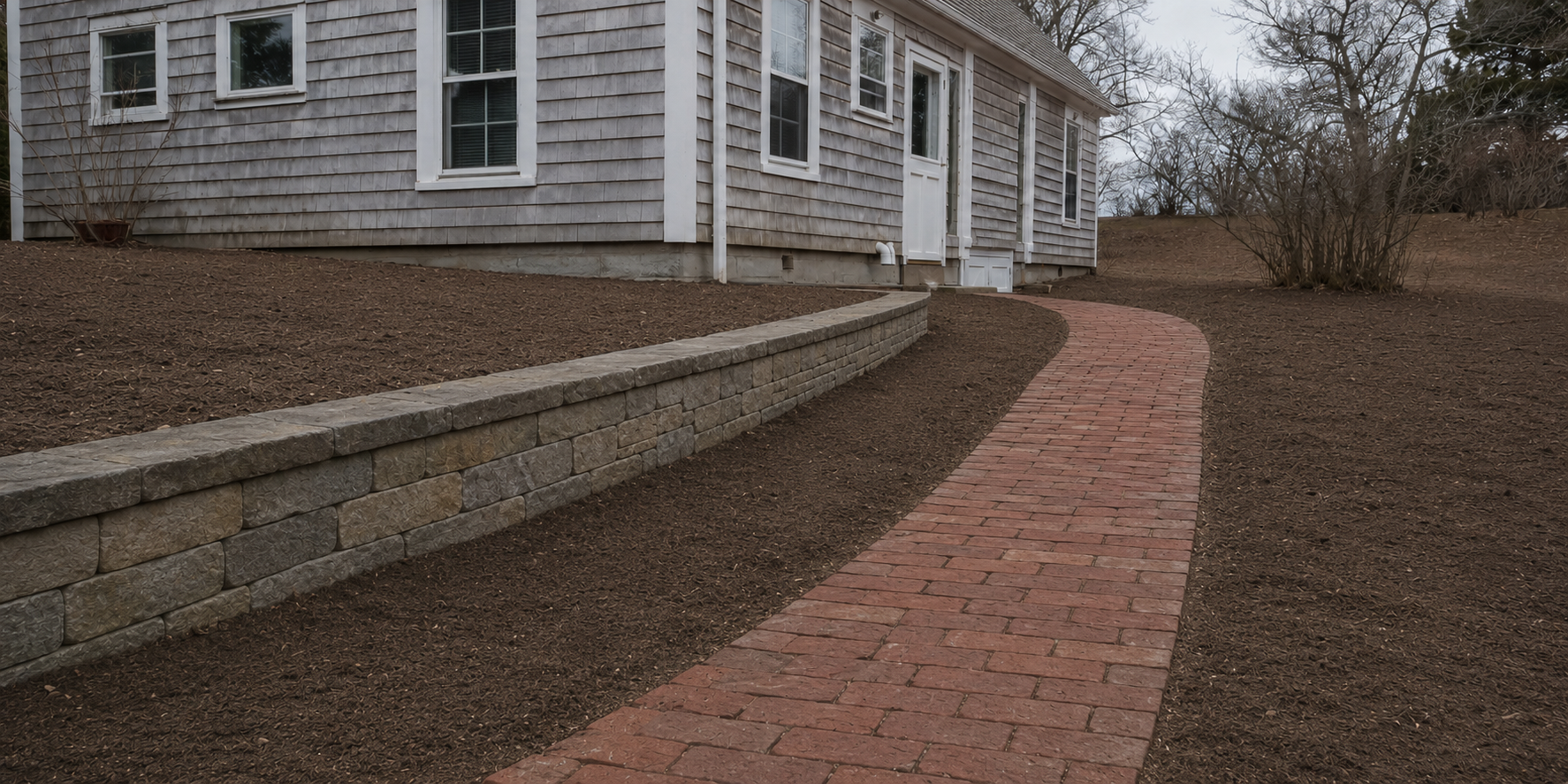 Completed retaining wall, releveled brick walkway and corrected yard drainage in Cape Cod, MA