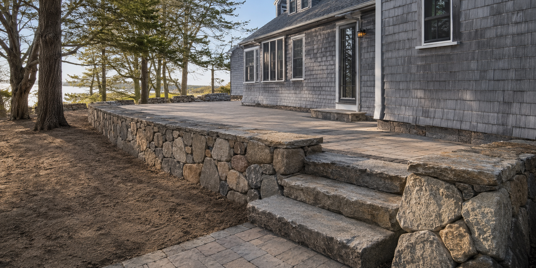 Natural stone retaining wall, paver patio and stone steps built by a masonry contractor in Cape Cod, MA