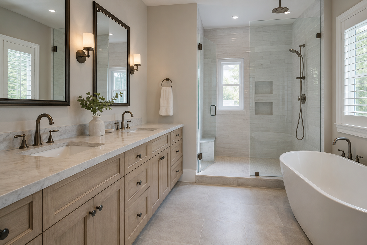 Completed master bathroom remodel with double vanity and walk in shower in Cape Cod