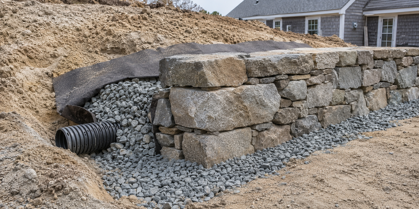 Compacted gravel base and drainage installation behind a retaining wall in Cape Cod, MA