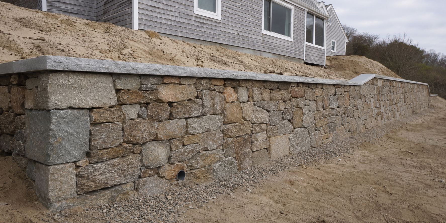 Retaining wall construction on a sloped property in Cape Cod, MA