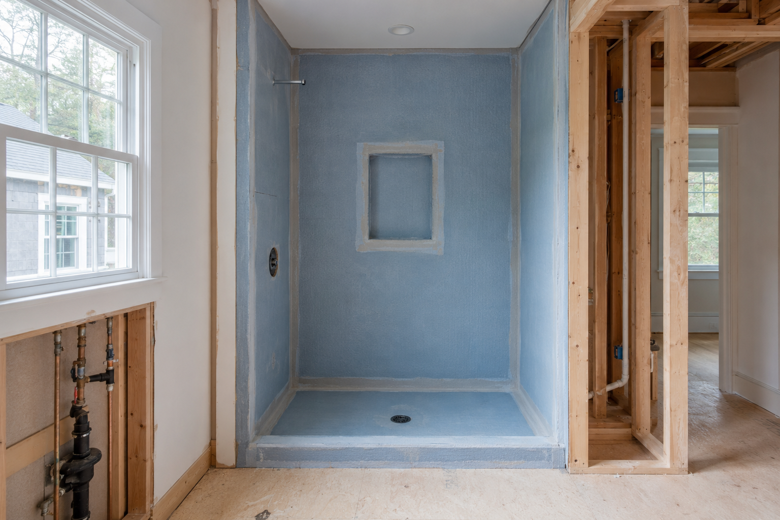 Proper shower waterproofing system installed before tile in a Cape Cod bathroom remodel
