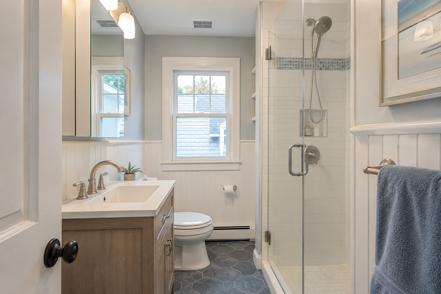 Small bathroom remodel with a compact vanity and glass shower in a Cape Cod home