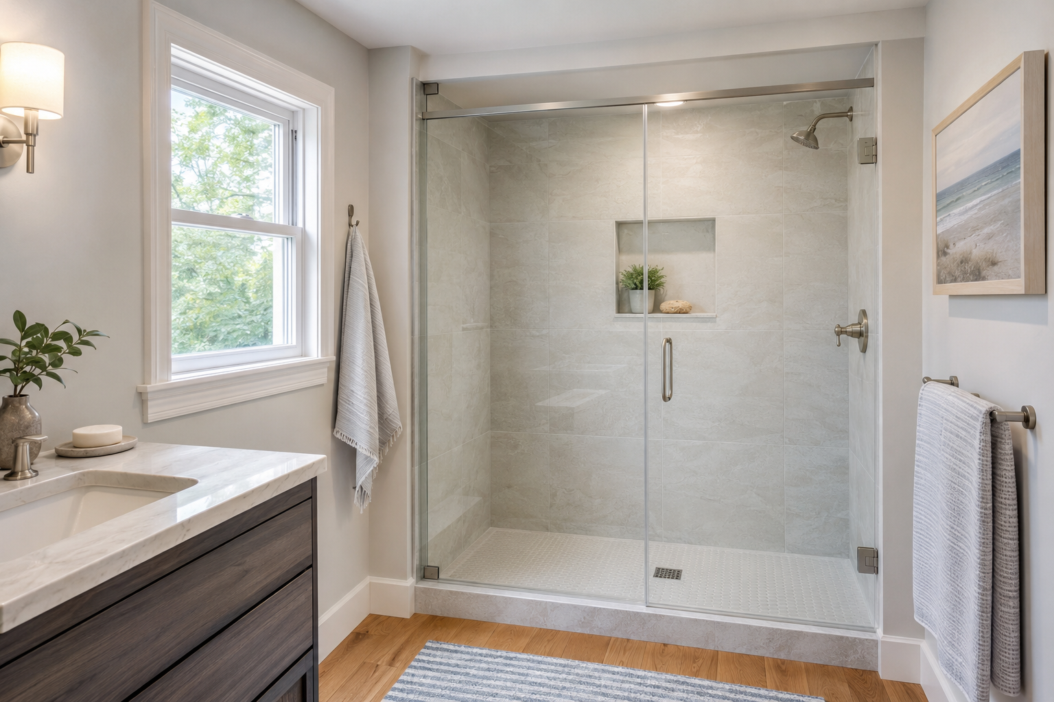 Completed tub to shower conversion with glass enclosure in a Cape Cod bathroom