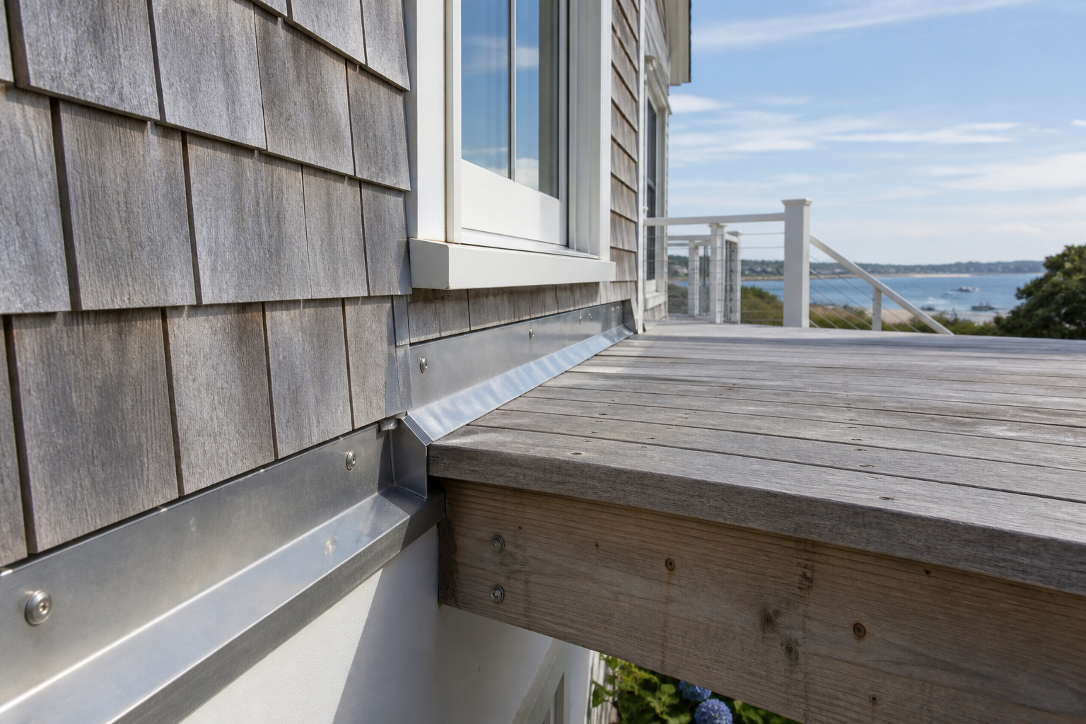 Coastal deck flashing and cedar-shingle siding detail