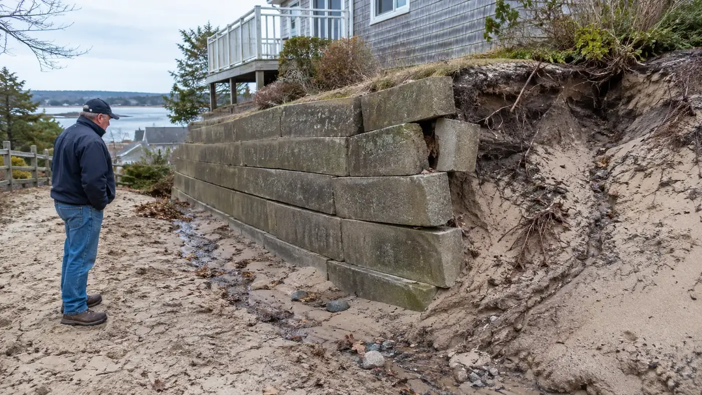 Illustrative photo of a leaning retaining wall and erosion signs in Hyannis, MA