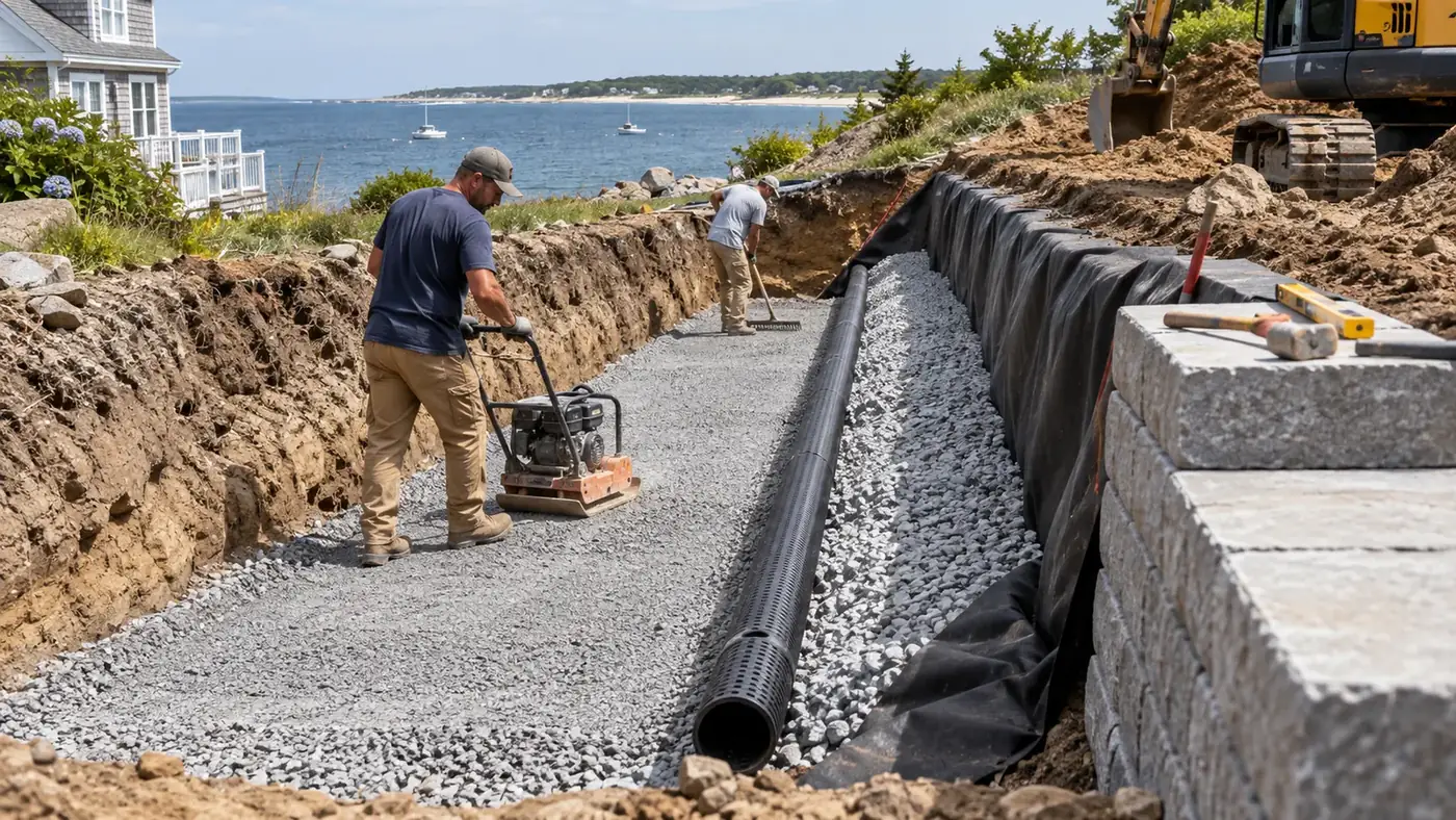 Illustrative retaining wall base and drainage installation on Cape Cod